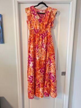 Bright Floral Maxi Dress in Orange & Pink